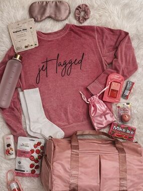 Jet Lagged Dusty Rose Pink Travel Comfort Set Sweatshirt, Duffel, Accessories S